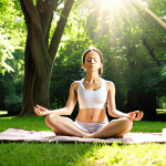 **A person meditating outdoors in a lush green park, sunlight filtering through the trees, emphasizing mental balance and connection with nature, with soft, calming colors.** (Focuses on mental well-being and relaxation)