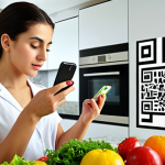 **Genetics & Nutrition:** A vibrant, healthy Turkish woman using a mobile app to scan the barcode of a Mediterranean salad.  Emphasis on the app displaying detailed nutritional information.  Background includes a modern, bright kitchen filled with fresh fruits and vegetables.