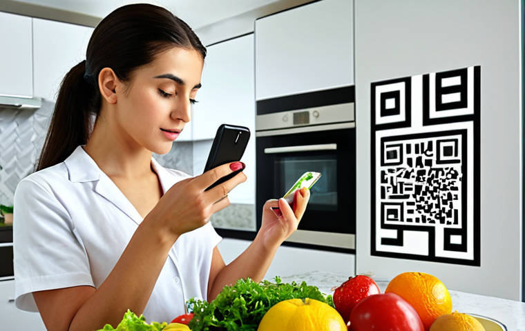 **Genetics & Nutrition:** A vibrant, healthy Turkish woman using a mobile app to scan the barcode of a Mediterranean salad. Emphasis on the app displaying detailed nutritional information. Background includes a modern, bright kitchen filled with fresh fruits and vegetables.