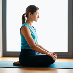 A professional woman in a modest, comfortable business-casual outfit, seated in a natural pose on a yoga mat in a sunlit, minimalist studio. Her eyes are gently closed, hands resting calmly, embodying mindfulness and mental clarity. A high-quality smartphone is placed face down on a nearby table, subtly indicating a digital detox. The background features soft, blurred natural light from a large window. perfect anatomy, correct proportions, natural body proportions, well-formed hands, proper finger count, safe for work, appropriate content, fully clothed, professional, high quality studio photography, clear focus, vibrant colors.